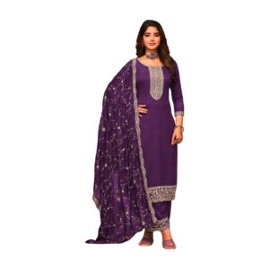 Purple Embroidered Semi-stitched Suit