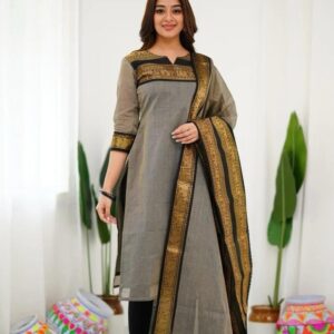 Grey Cotton Silk Kurta with Dupatta
