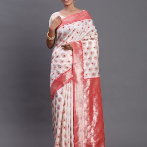 Off-White Red Border Saree